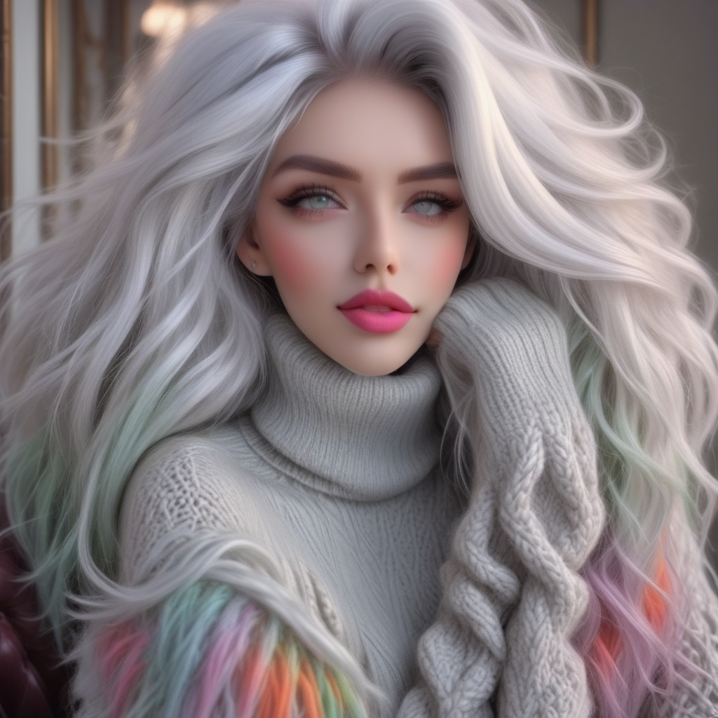 lips, white hair, looking at viewer, medium breasts, parted lips, aran sweater, multicolored hair, turtleneck, grey hair, white sweater, sweater, grey eyes, cable knit