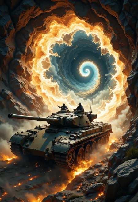 A detailed image of a portal to another dimension from which a tiger tank emerges towards us. a portal in the form of a swirling vortex of energy and particles, moving plasma and fractal discharges. The tank has half-emerged from the portal and we see its tank armor. on one side of the portal there is a summer environment.