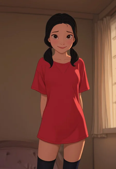 DisneyRenstyle, DISNEY_ANIMATION,
1girl, 18 yo, medium length flowy black hair in pigtails, Bright Red pajama shirt, Leggings, high socks, cowboy shot,standing, perfect eyes, beautiful eyes, detailed eyes, adorable eyes, small breasts, girl's bedroom, indoors, afternoon, from front, realistic proportions, natural lighting, looking at viewer,shy smile, submissive,