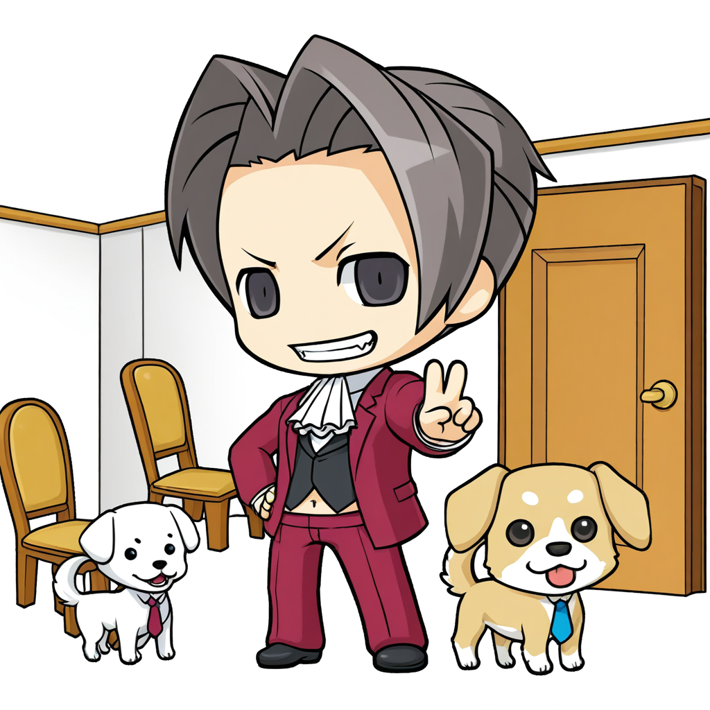 Miles Edgeworth, dark eyes, standing, dog, male, short hair, chibi, door, necktie, v, transparent background, chair, indoors, navel, teeth