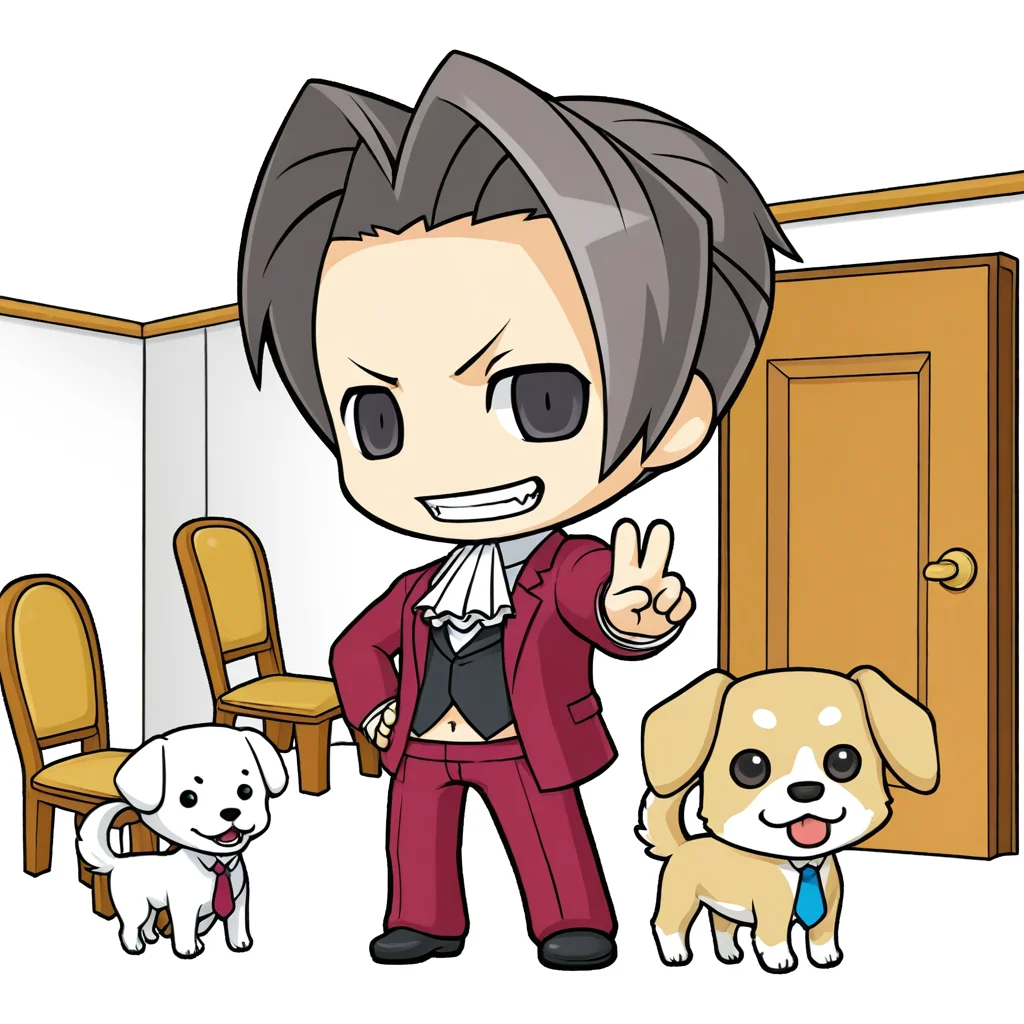 Miles Edgeworth, dark eyes, standing, dog, male, short hair, chibi, door, necktie, v, transparent background, chair, indoors, navel, teeth