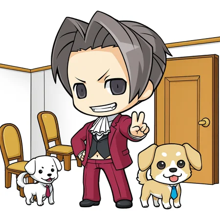 Miles Edgeworth, dark eyes, standing, dog, male, short hair, chibi, door, necktie, v, transparent background, chair, indoors, navel, teeth