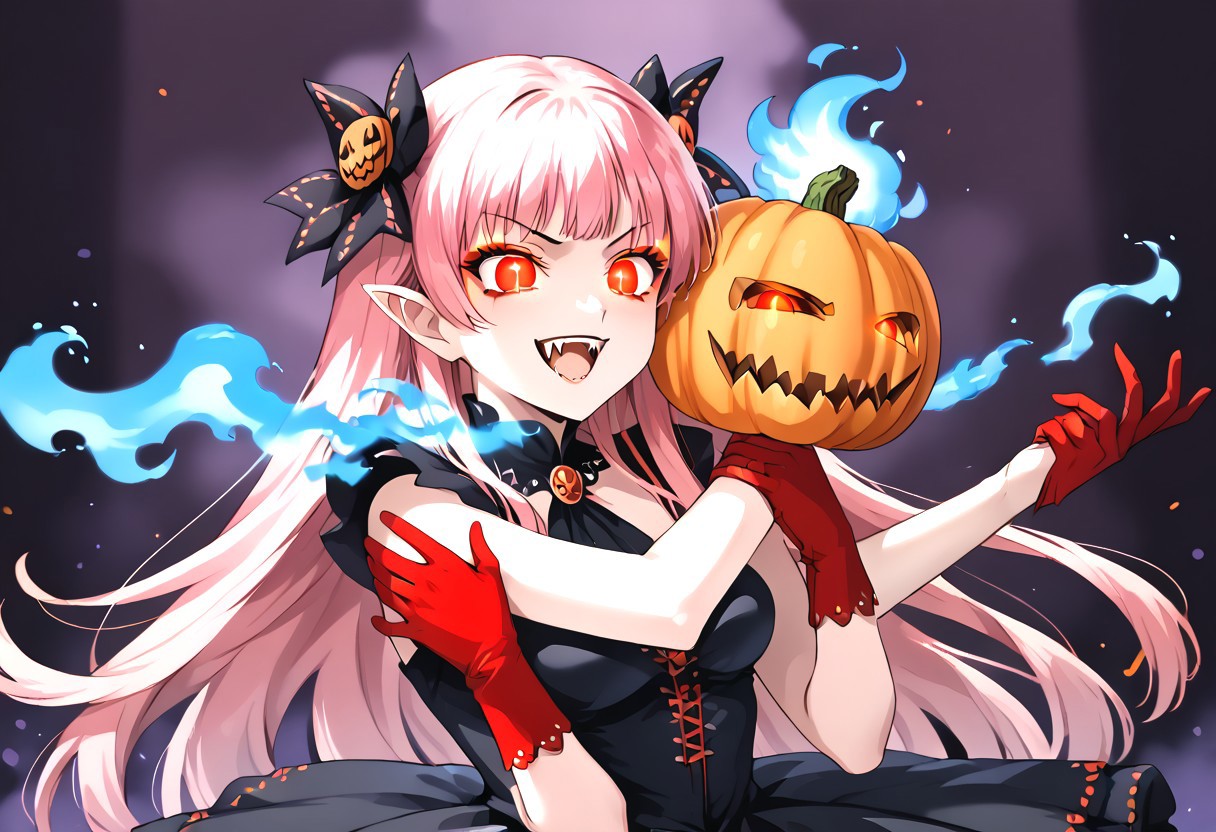 (masterpiece), (score_9, score_8_up, score_7_up,source_anime), 4K8K, 
(from side), misty, steam, fog, Floating Halloween pumpkins, 
halloween, halloween fantasy, (jakkRo), 
(pumpkinhead woman, Pumpkinhead:1.3), (solo), (Glossy skin, pale skin:1.3),  (hugging myself), blue flame, burning pumpkin, (dark aura:1.4), (smirk, half-opened mouth, Canine, tooth, fang1.2), 
(medium figure:0.9), (pointy breasts:1.1), 
(pink hair, ultra long hair, glowing eyes), 
(wearing vampire cos, dress, makeup, red and black dress, Miniature Hats, culottes, red gloves:1.2), 
(emperor's audience room, dark room:1.3), elf ears,