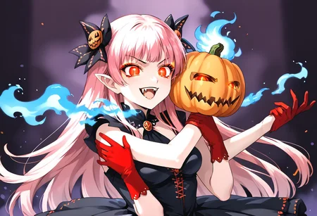 (masterpiece), (score_9, score_8_up, score_7_up,source_anime), 4K8K, 
(from side), misty, steam, fog, Floating Halloween pumpkins, 
halloween, halloween fantasy, (jakkRo), 
(pumpkinhead woman, Pumpkinhead:1.3), (solo), (Glossy skin, pale skin:1.3),  (hugging myself), blue flame, burning pumpkin, (dark aura:1.4), (smirk, half-opened mouth, Canine, tooth, fang1.2), 
(medium figure:0.9), (pointy breasts:1.1), 
(pink hair, ultra long hair, glowing eyes), 
(wearing vampire cos, dress, makeup, red and black dress, Miniature Hats, culottes, red gloves:1.2), 
(emperor's audience room, dark room:1.3), elf ears,
