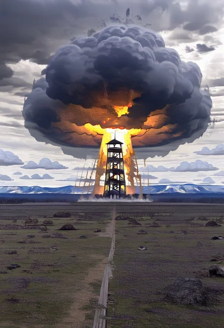 <lora:lombkoronasetany:1> , masterpiece, best quality, scenery, mist, outside, from front, scenery, gates, tower, A treacherous mountain peak shrouded in swirling clouds revealing glimpses of a forgotten lombkoronasetany, carved into the rock face., huge explosion,