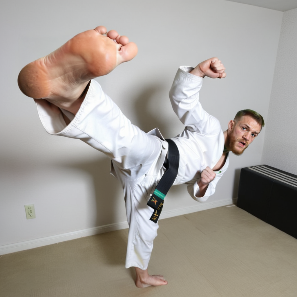 A Conor Anthony McGregor, including a black belt, is performing a high kick.   <lora:kickGirl:0.7>,soles of feet