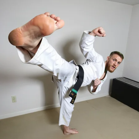A Conor Anthony McGregor, including a black belt, is performing a high kick. <lora:kickGirl:0.7>,soles of feet