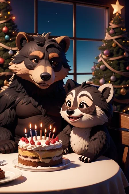 A bear and a raccoon are sitting at the table, birthday cake, holiday,