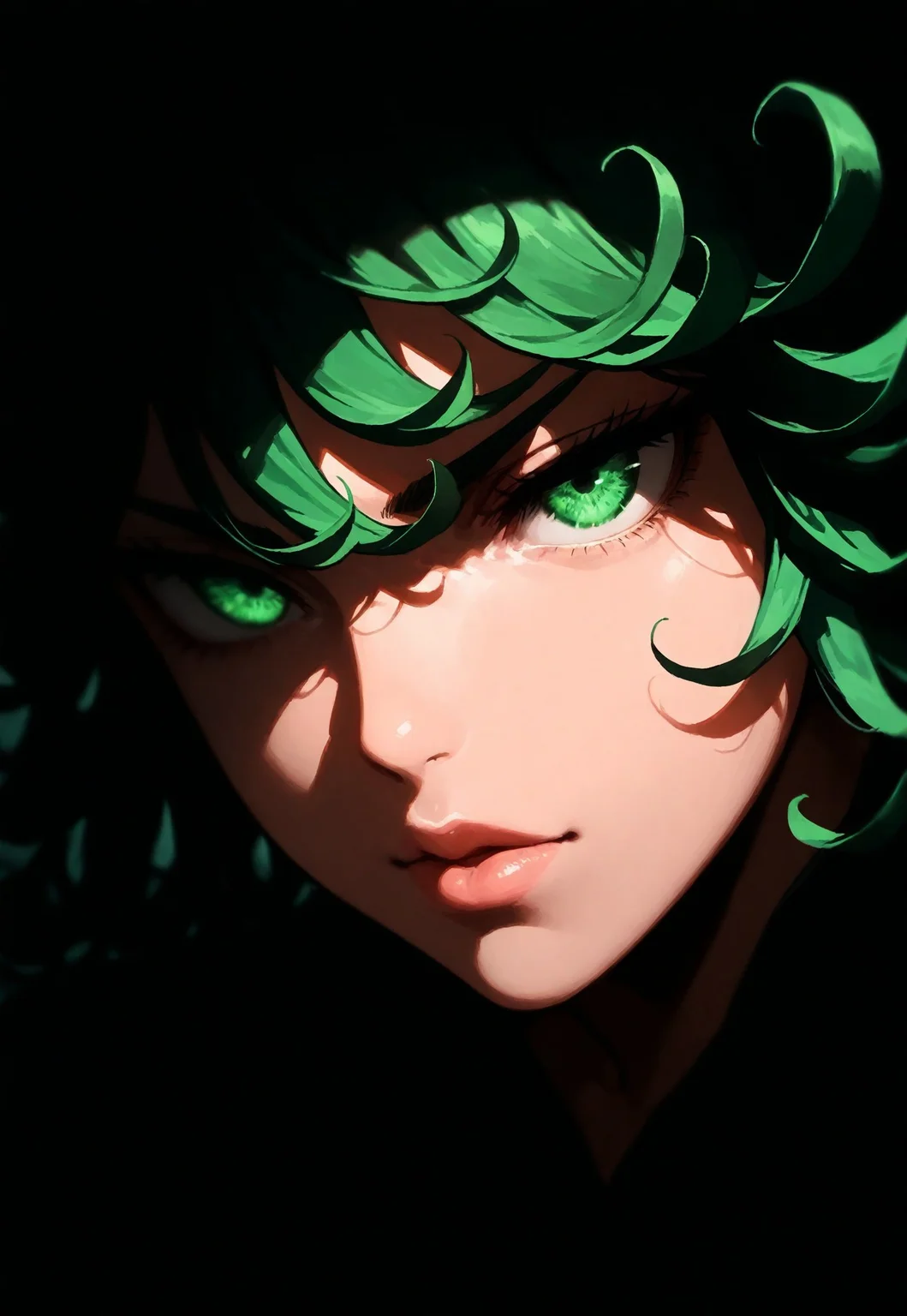 1girl, tatsumaki from one punch man, lips, solo, dark, masterpiece, best quality, very aesthetic, face focus