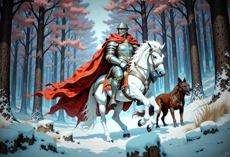 A candid, photographic, hyper-realistic, 4k, realistic photograph, properly lit, vibrant image of a knight in silver armor wearing a red cloak, riding a white horse, accompanied by a brown hound are travelling through a snowy forest of towering red leafed pines..
