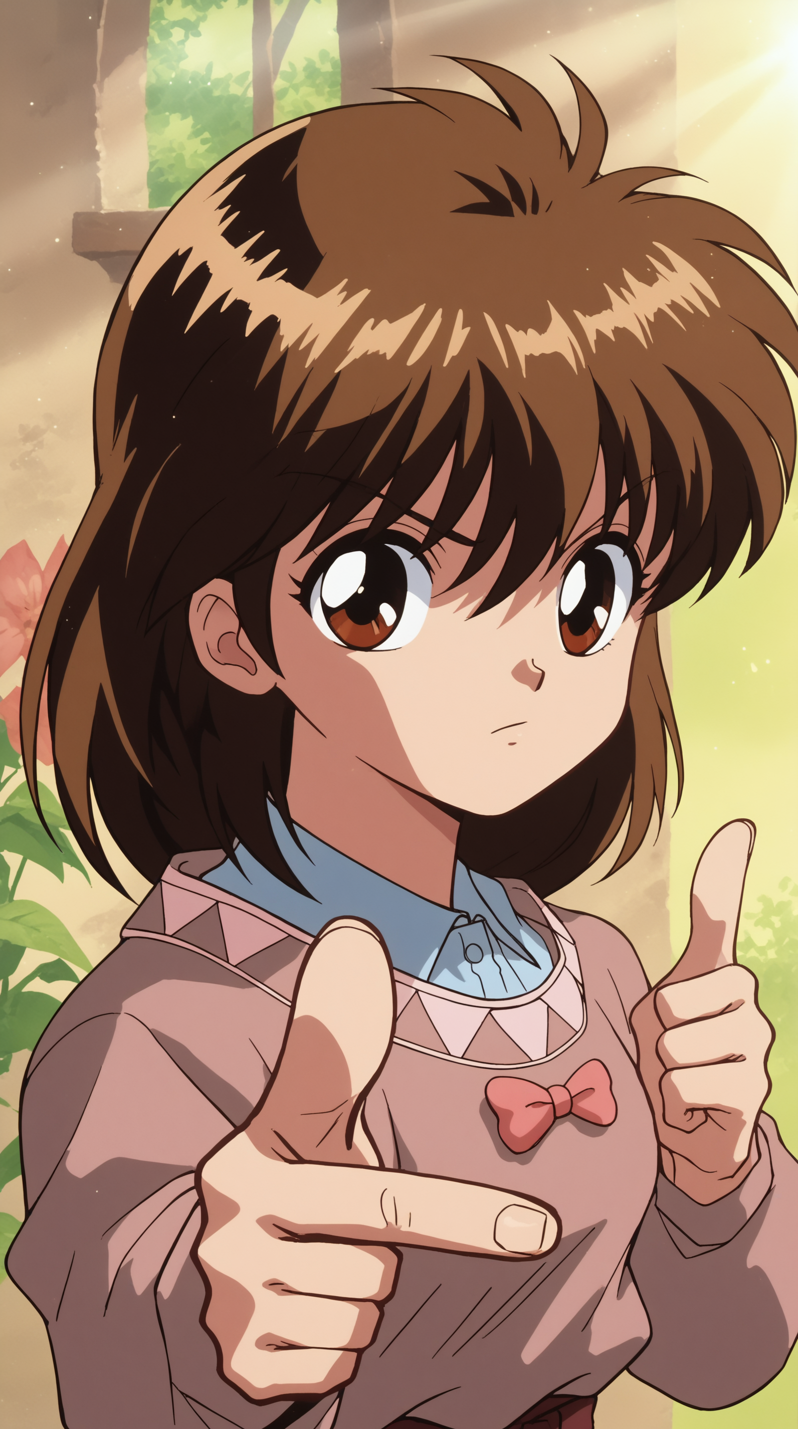 score_9, score_8_up, score_7_up,anime_source, source_anime, best background, detailed background, anime screencap, 4k, upscale,  Keiko Yukimura, Main Outfit, solo, looking at viewer, closed mouth, sunlight, portrait, pointing, nature, pointing at viewer, finger gun  <lora:JN_Keiko_Yukimura_Pony:0.8>