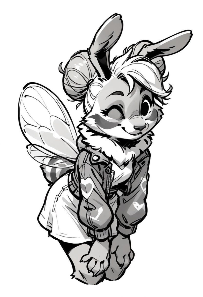 score_9, score_8_up, score_7_up, monochrome, black eyes, simple white background, cute, sketch, thin line, cartoon, splash art, concept art, solo, Expressiveh, Lita, furry bunny bee, bunbleb33, hand on knee, hand on cheek, winking, smile, bent over, (bent ears:1.3), long white dress, cropped denim jacket, bee wings