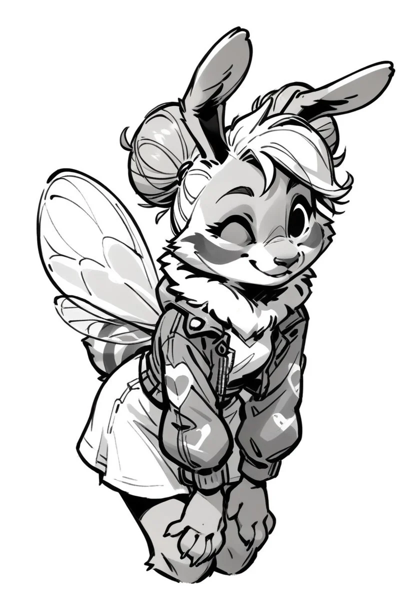 score_9, score_8_up, score_7_up, monochrome, black eyes, simple white background, cute, sketch, thin line, cartoon, splash art, concept art, solo, Expressiveh, Lita, furry bunny bee, bunbleb33, hand on knee, hand on cheek, winking, smile, bent over, (bent ears:1.3), long white dress, cropped denim jacket, bee wings