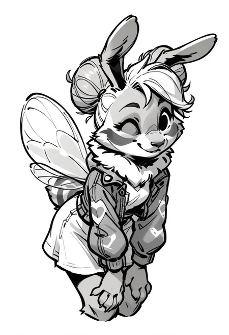 score_9, score_8_up, score_7_up, monochrome, black eyes, simple white background, cute, sketch, thin line, cartoon, splash art, concept art, solo, Expressiveh, Lita, furry bunny bee, bunbleb33, hand on knee, hand on cheek, winking, smile, bent over, (bent ears:1.3), long white dress, cropped denim jacket, bee wings