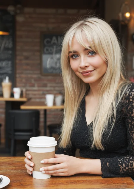 sabrinaXL, realistic textures, blonde hair, high quality image, solo, take a coffee, restaurant <lora:sabrinaXL:1>
