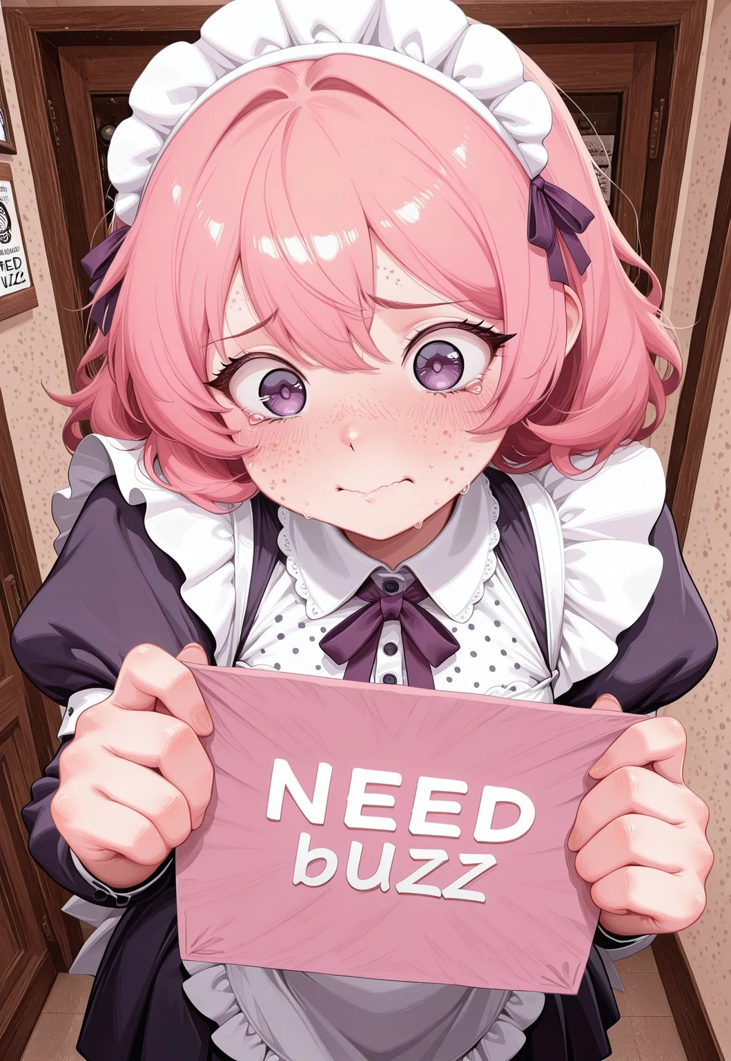 lazypos, ((Masterpiece)), ((Best quality)), ((Detailed)), amazing quality, very awa,absurdres,newest, 1girl, solo, civchan, freckles, purple eyes, pink hair, tamawipho style, freckles, (((need_buzz, holding sign))) No lineart, no_outlines, ((8k, Ultra HD)), (foreshortening:2), depth of field, ((Detailed background :1.5)), pleading face, Kawaii, wholesome, cute, adorable, blush, purple ribbon, puffy sleeves, Dynamic angle, best quality