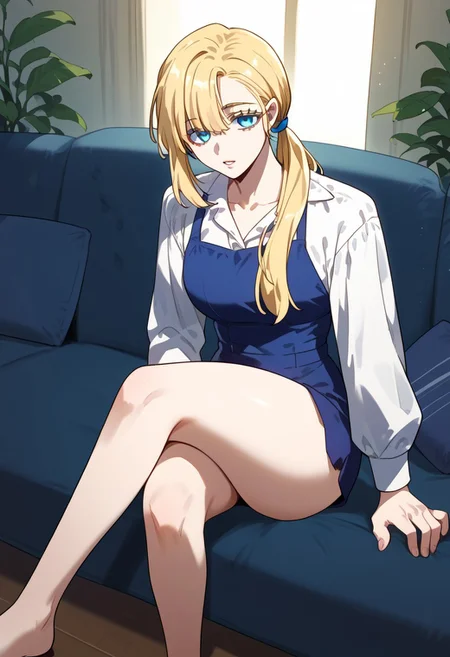 zPDXL3, score_9_up, score_8_up, score_7_up, (Anime_source), 1girl, JuyriLee, blue eyes, blonde hair, long hair, mole under eye, low tie ponytail, cowboy shot, looking at viewer, parted lips, sitting on couch, crossed leg