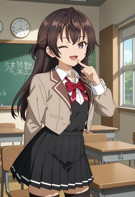 score_7_up, anime screencap, anime coloring,
<lora:Roshidere_SuouYukiXL:0.8>,
1girl, open mouth, light smile, one eye closed,
long hair, brown hair, hair between eyes, multicolored eyes, half updo,
YukiSchool, cropped jacket, brown jacket, red bowtie, white shirt, black vest, buttons, long sleeves, pleated skirt, black skirt, (black thighhighs:1.2),
finger to mouth, arm behind back, standing, looking at viewer, cowboy shot,
classroom, blurry background, indoors