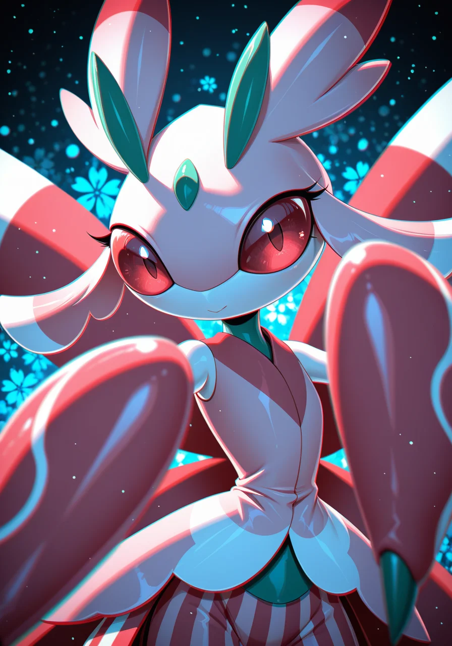 solo lurantis, half-length portrait, front view, dancing, action pose, reaching towards viewer, BREAK, masterpiece, best quality, high quality, (anaglyph, chromatic aberration:1.3), detailed background, detailed foreground, depth of field, backlighting, floral pattern background, particles effect, blue light, yellow light
