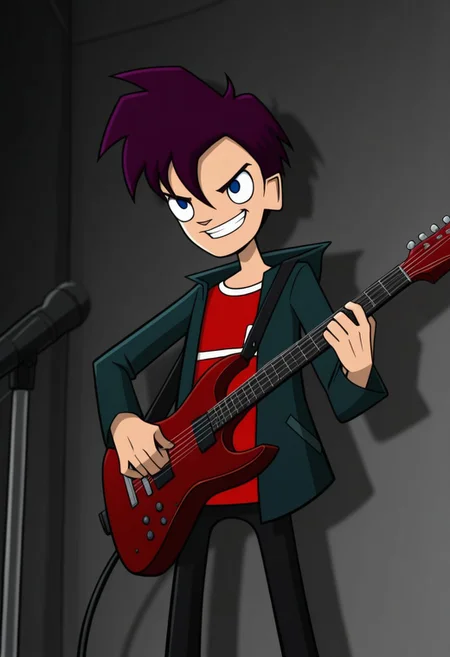 masterpiece,best quality,amazing quality, source_anime,
RandyCunningham, 1boy, male focus, solo, blue eyes, purple hair, shirt, red shirt, jacket, green jacket, open jacket, grin, guitar,