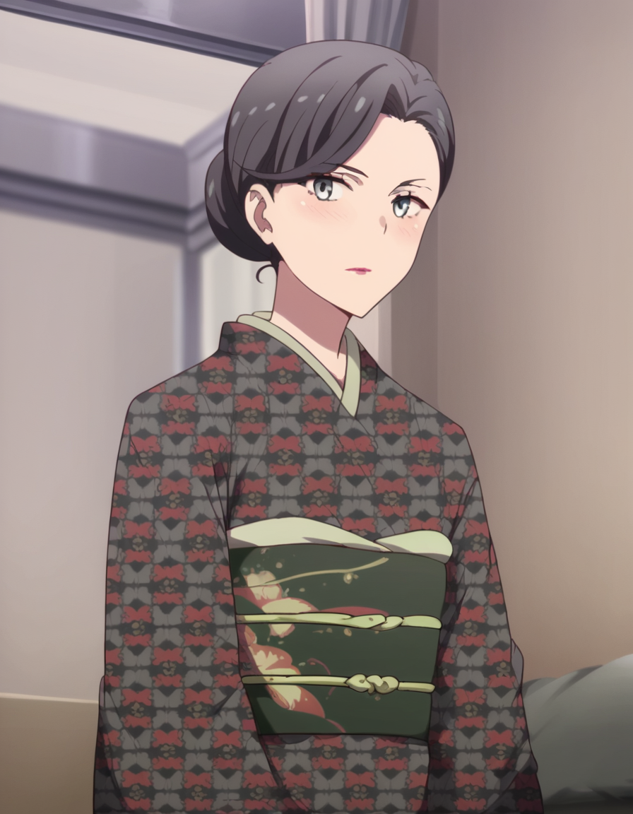 score_9, score_8_up, score_7_up, source_anime,
motheryukinoshita, <lora:mother-yukinoshita-s3-ponyxl-lora-nochekaiser:1>,
mother yukinoshita, short hair, blue eyes, black hair, hair bun, single hair bun, hair up,
japanese clothes, kimono, sash, makeup, obi, floral print, lipstick, black kimono,
indoors, bed, bed room, on side, blush, drunk,
looking at viewer, cowboy shot, dutch angle, solo,