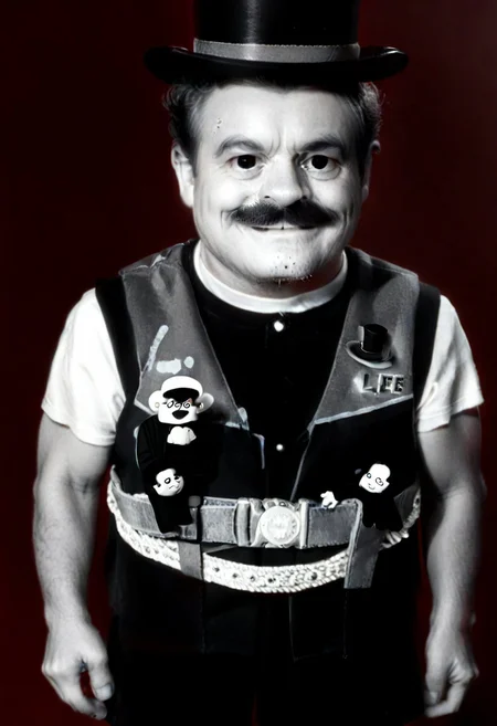 ((((((black and white,black shirt, belt, stubble, red theme, shorts, greyscale, 1boy, life vest)))))),((small man with mustache, top hat, kenbis, chibi, chibi, male only, male, male chibi, monocle, art deco, thick mustache, comically large mustache, handlebar mustache, tiny, multiple men, shrunk, microxl, some little guys, high angle, from above)), bwMovies, realistic, photo, vintage photo, ((very small man, small man, a small man, a man who is small, a small man)), an unapologetically small human male, black and white, smiling, very happy, euphoric, ecstatic, wonderful small men, large smile, huge smile