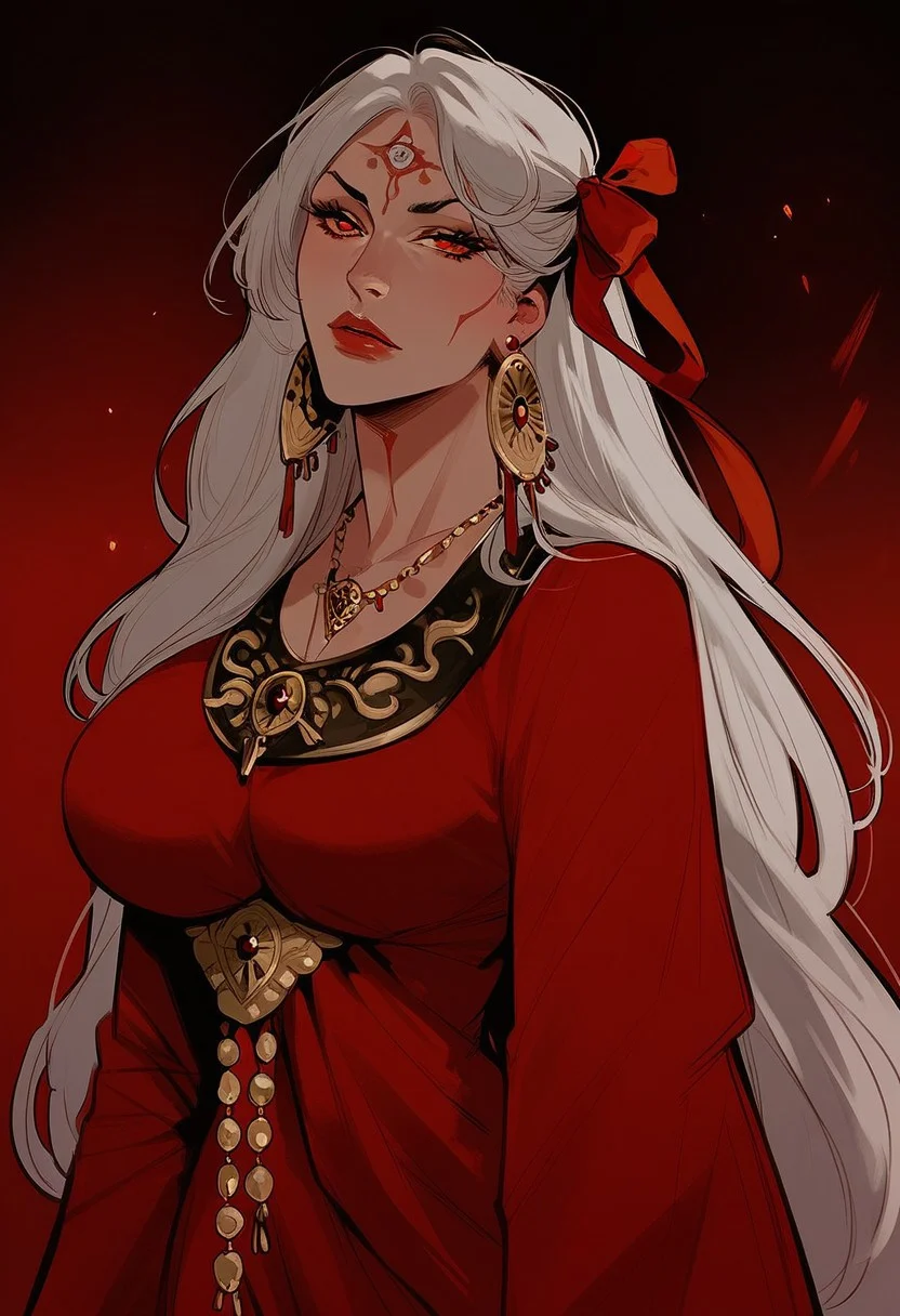 score_9, score_8_up, score_7_up, western cartoon, high quality, 1girl, long hair, white hair, red ribbon, red eyes, forehead mark, jewelry, earrings, snake, blood on hands, red dress, indian clothes,  huge breasts, curvy female, high quality, detailed face, perfect body, smooth skin, Expressiveh,