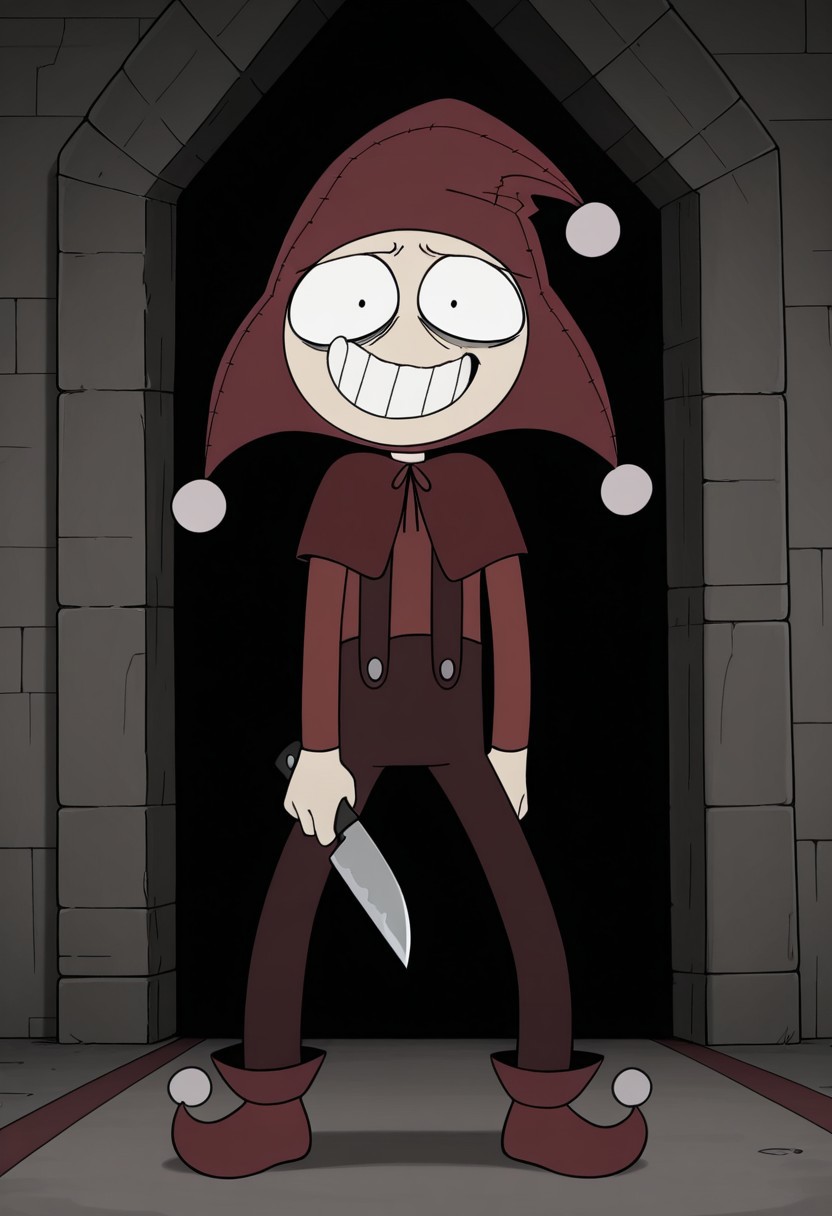 score_9, score_8_up, score_7_up, masterpiece, best quality, amazing quality, Jester Jesterson, 1boy, solo, jester, jester hat, jester cap, caplet, overalls, 4 fingers, black eyes, solo, 1boy, male focus, smile, hat, grin, suspenders, full body, shirt, knife, red shirt, jester cap, holding knife, looking at viewer, style parody