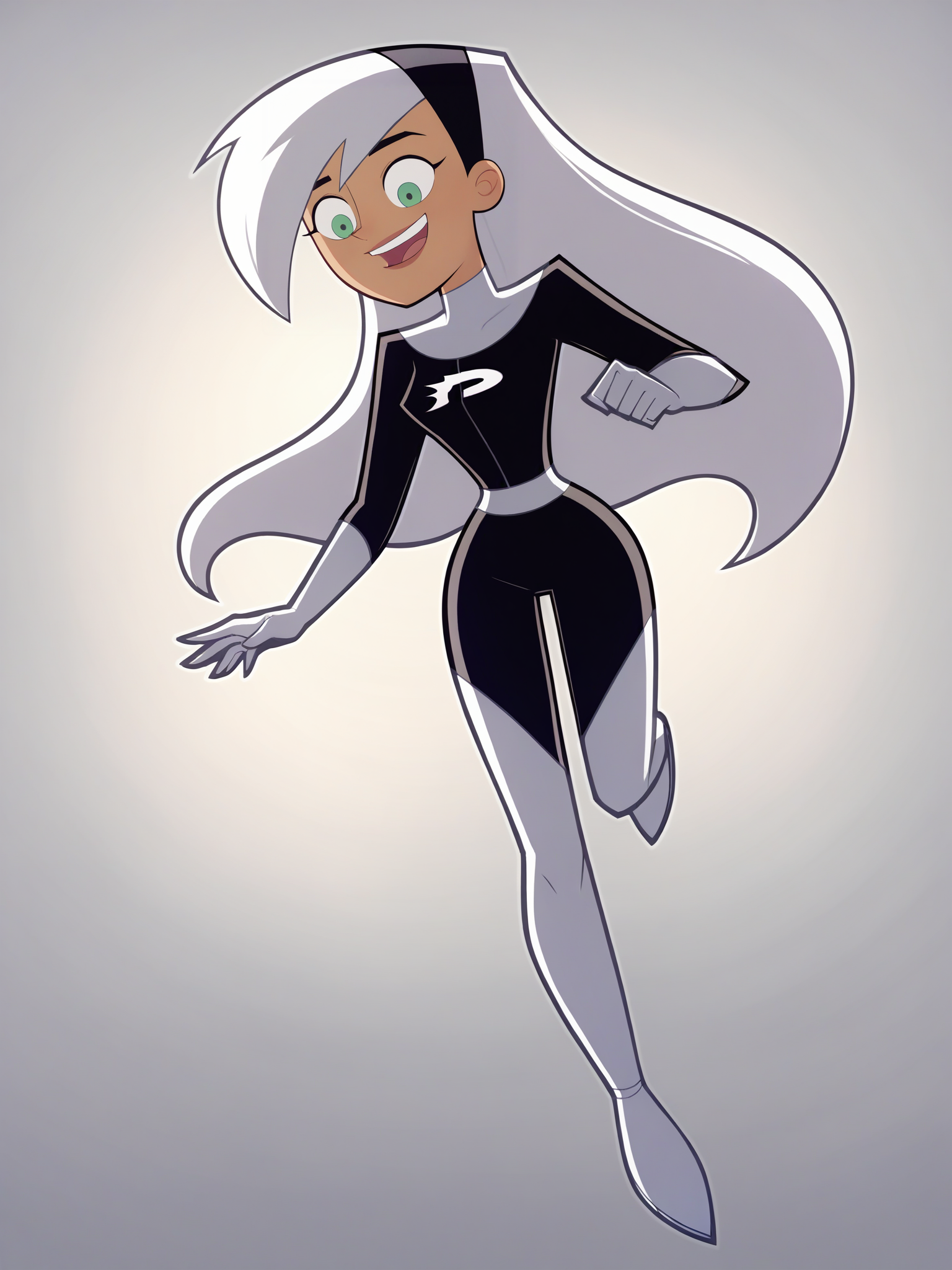 score_9, score_8_up, score_7_up, score_6_up, score_5_up, source_anime, smooth_anime,
danny_phantom, 1girl, solo, green_eyes, white_hair, hairband, long_hair, bodysuit, dark-skinned_female, gloves, dark_skin, smile, black_background, open_mouth, boots, simple_background, thigh_boots, full_body, multicolored_hair, white_gloves, two-tone_hair, black_bodysuit, black_hairband, breasts, :d, looking_down, white_footwear
 <lora:Danny_Phantom_SDXL:1>