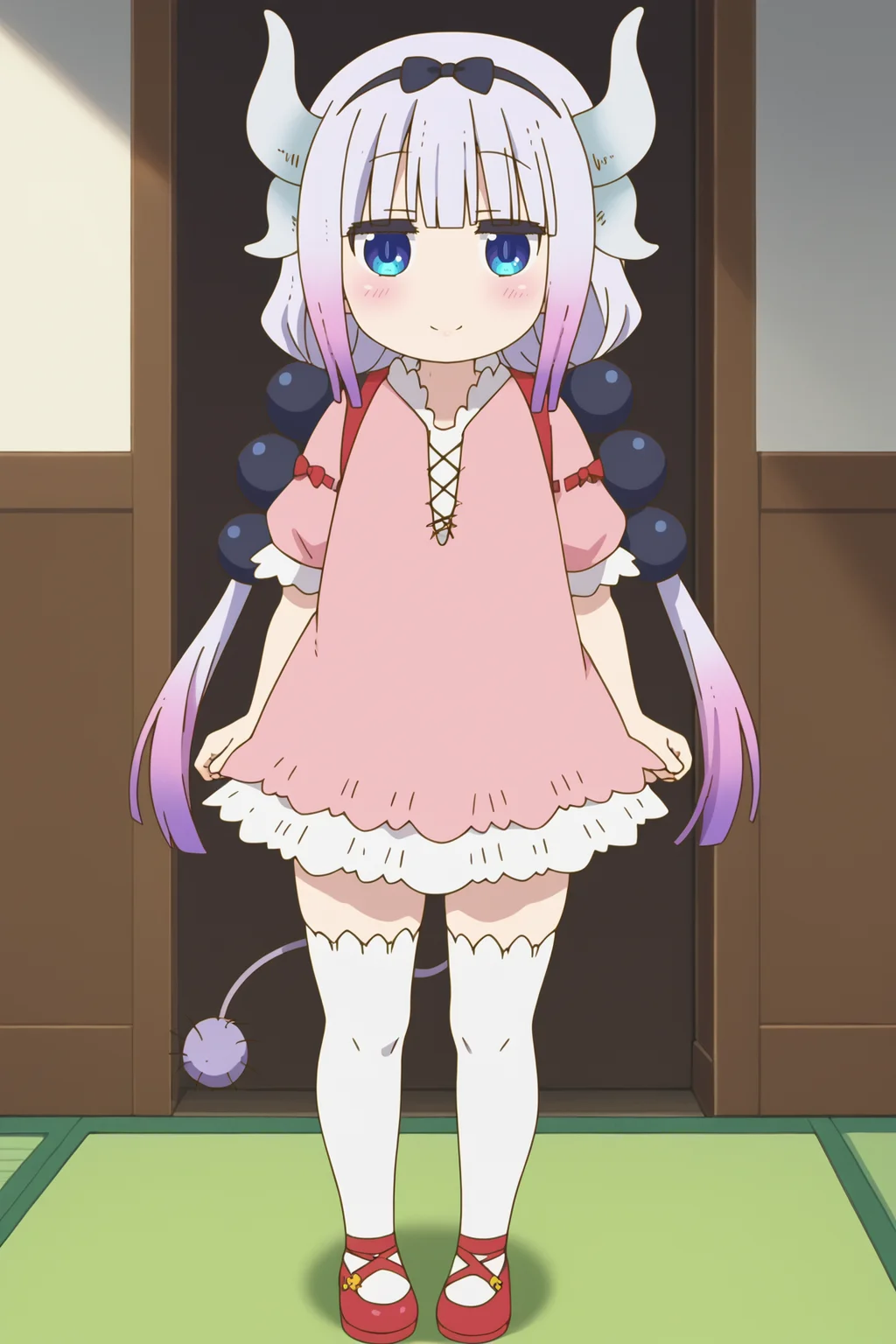 score_9, score_8_up, score_7_up, source anime, prefect lighting, very aesthetic, BREAK, anime coloring, anime screencap,
<lora:kanna_kamui_v2-pdv6:1>, 1girl, kanna kamui, kobayashi-san chi no maidragon, blue eyes, purple hair, gradient hair,low twintails, hair beads, hair bow, tail, dragon horns, dragon girl,
kanaout2, pink dress, short sleeves, white thighhighs,
BREAK, looking at viewer, light smile, blush, full body,
BREAK,