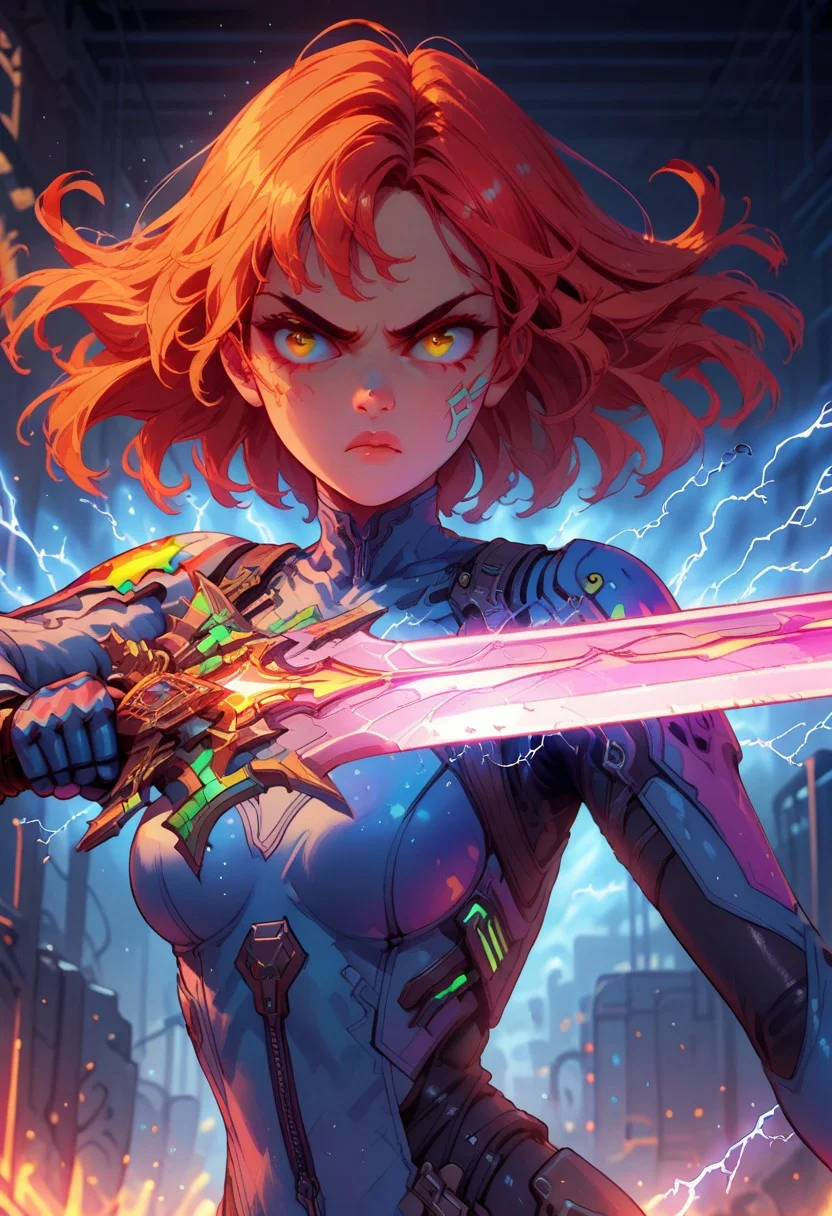 score_9, score_8_up, score_7_up, score_6_up, score_5_up, th3rm4l, (solo), colorful, 1girl, thermal, orange, green, yellow, blue, mechanic, plugsuit, source_anime, dynamic pose, action, holding a sword crackling with neon electric energy, Wielding sword, fighting stance, electricity, upper body, face focus, beautiful face