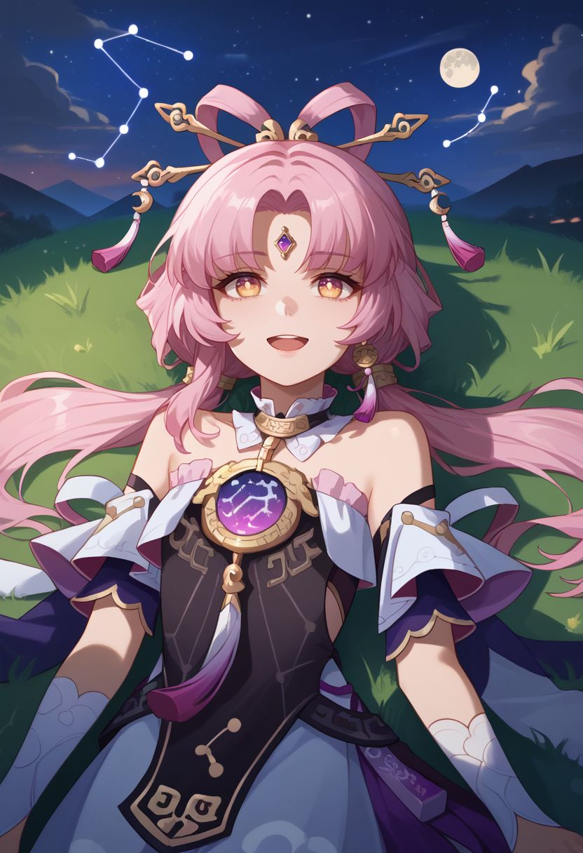 score_9, score_8_up, score_7_up, source_anime, 1girl, fuxuandef, yellow eyes, pink hair, long hair, low twintails, bow-shaped hair, parted bangs, forehead jewel, hair stick, hair ornament, earrings, jewelry, bare shoulders, detached sleeves, dress, tassel, bridal gauntlets, white pantyhose, constellation print, lying, on back, on grass, open mouth, smile, looking up, outdoors, sky, star (sky), moon, night, close-up, facing viewer, upper body, from above, mountain in the background, <lora:Fu_Xuan_v1-000010:1>