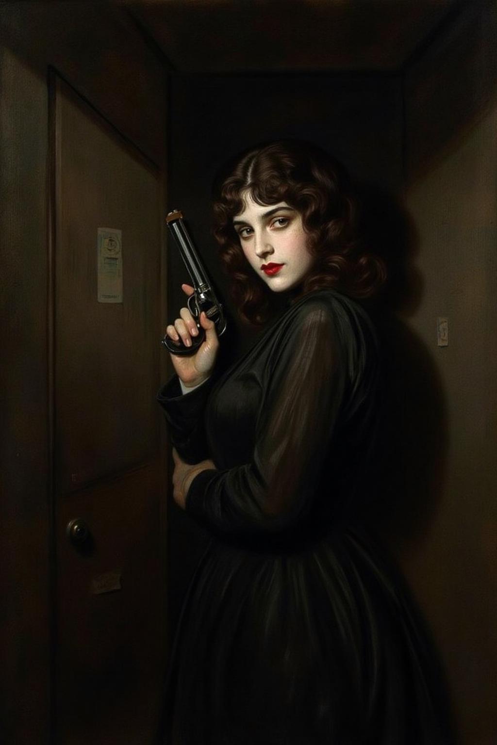 paulcesarhelleu1 illustration. 
a mysterious woman with dark, wavy hair and piercing eyes stands in the shadows of a dimly lit room. She is holding a small revolver with a delicate yet firm grip. Her red lipstick is the only color that stands out in the darkness, her intentions unclear but dangerous.
 <lora:paulcesarhelleu1_cap_d6a3e11:0.8><lora:844399319525196295:0>