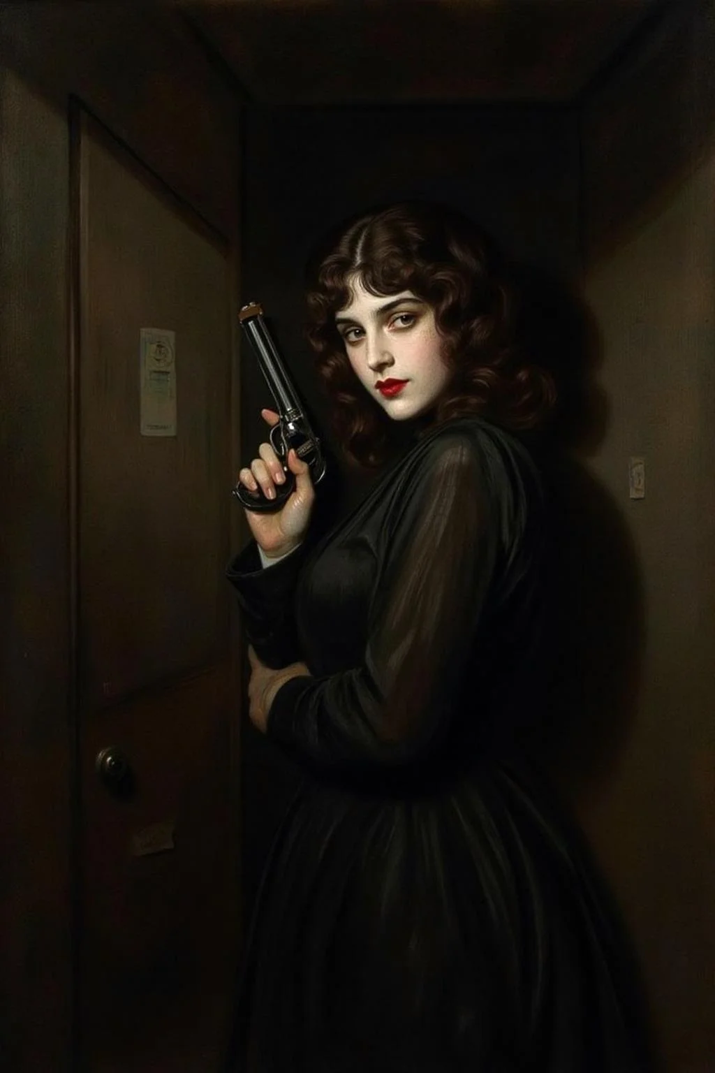 paulcesarhelleu1 illustration.
a mysterious woman with dark, wavy hair and piercing eyes stands in the shadows of a dimly lit room. She is holding a small revolver with a delicate yet firm grip. Her red lipstick is the only color that stands out in the darkness, her intentions unclear but dangerous.
<lora:paulcesarhelleu1_cap_d6a3e11:0.8><lora:844399319525196295:0>