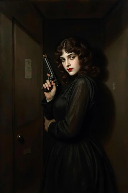 paulcesarhelleu1 illustration.
a mysterious woman with dark, wavy hair and piercing eyes stands in the shadows of a dimly lit room. She is holding a small revolver with a delicate yet firm grip. Her red lipstick is the only color that stands out in the darkness, her intentions unclear but dangerous.
<lora:paulcesarhelleu1_cap_d6a3e11:0.8><lora:844399319525196295:0>