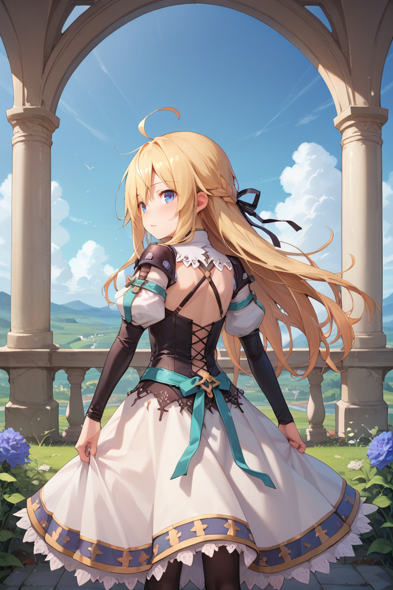 score_9, score_8_up, score_7_up, score_6_up, source_anime, BREAK,<lora:Yggdra:0.8> , yggdef, 1girl, blonde hair, long hair, blue eyes, hair ribbon, juliet sleeves, black sleeves, dress, cross-laced clothes, cross-laced dress, lace-trimmed dress, lace trim, corset, black pantyhose, (from behind),  looking at viewer,  <lora:backgroundsetXL:0.3> , background, blue sky, meadow, garden, castle,  <lora:Expressive_H:0.8> , expressiveh,