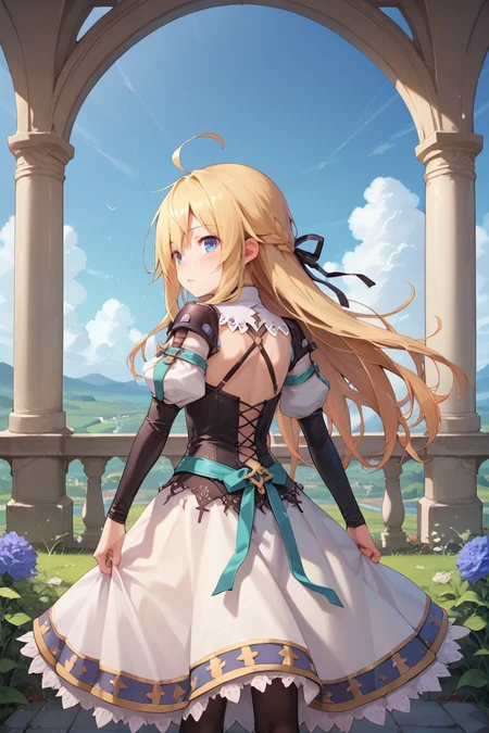 score_9, score_8_up, score_7_up, score_6_up, source_anime, BREAK,<lora:Yggdra:0.8> , yggdef, 1girl, blonde hair, long hair, blue eyes, hair ribbon, juliet sleeves, black sleeves, dress, cross-laced clothes, cross-laced dress, lace-trimmed dress, lace trim, corset, black pantyhose, (from behind), looking at viewer, <lora:backgroundsetXL:0.3> , background, blue sky, meadow, garden, castle, <lora:Expressive_H:0.8> , expressiveh,