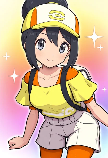 hinosaki, [[pokemoa, gonzarez]]2d, masterpiece, best quality, amazing quality, 1girl, solo, close-up, standing, smile, upper body, leaning_forward, looking at viewer, multicolored background, sparkle, rainbow background, colorful background, pkbettie, fiery style, black hair, grey eyes, short hair, sidelocks, bangs, hair bun, baseball cap, orange headwear, yellow shirt, collarbone, orange undershirt, short sleeves, off-shoulder shirt, high-waist shorts, white shorts, orange leggings, leggings under shorts, beige backpack