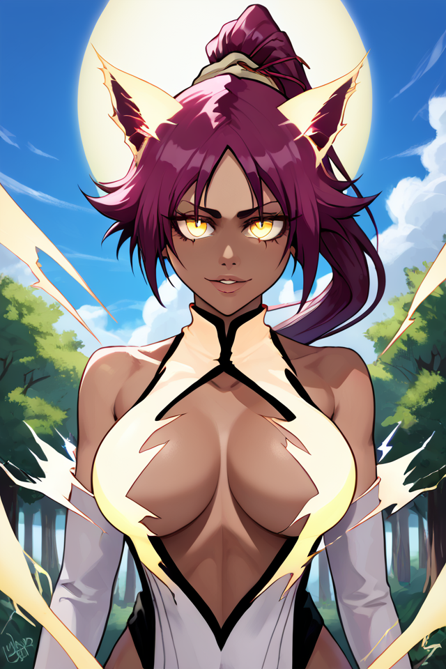 score_10_up, score_9_up, score_8_up, score_7_up, source_anime, 1girl, solo, YourichiLightning, dark-skinned female, (big breasts), long hair, high ponytail, hair tie, animal ears, tail, electrokinesis, electricity, (convenient censoring), standing, looking at you, seductive smile, outdoors, sexy, parted lips, full lips, (golden electricity), (glowing electricity), backlighting, blue sky, day, sun, wind, trees, (detailed face:1.2), (detailed background), (portrait), detailed landscape, (perfect lightingbest quality), (horizon), light particles, glowing eyes, anime, (perfect female body), (beautiful eyes and face), (upper body), <lora:ChamShihouinYoruichiPonyXL:0.7>, <lora:Anime_3D_P3:1>, (bleach sennen kessen-hen),