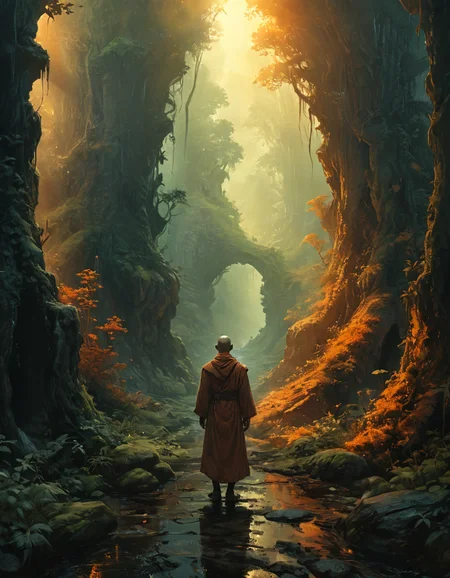 concept art, painting of a monk standing in the middle of a (forest:1.3), high fantasy matte painting, entrance to a dark tunnel, artwork about a road to freedom, centered in image, detailed scenery, enigmatic dreamscape surrealistic, (style of Alexis Franklin, Craig Mullins, Okuda San Miguel, Tom Bagshaw, artgerm:1.1)