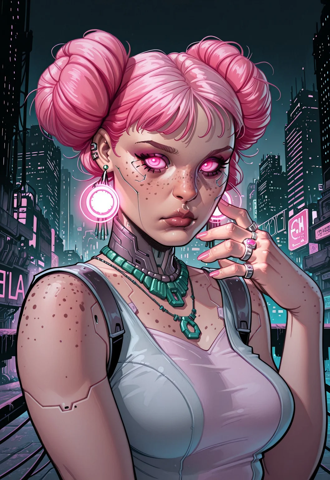 masterpiece, very aesthetic, 1girl, closed mouth, cyberpunk, double bun, earrings, freckles, glowing, hair bun, hand up, jewelry, lips, looking at viewer, makeup, medium breasts, necklace, nose, outdoors, pink eyes, pink hair, ring, solo, upper body