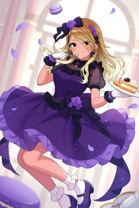 <lora:Izumi_Mei:0.8>, Izumi Mei, black eyes, long hair, multicolored hair, gradient hair, blonde hair, brown hair, dark skin, dark-skinned female, 1girl, see-through, see-through sleeves, dress, gloves, solo, frills, looking at viewer, frilled dress, food, flower, purple footwear, short sleeves, hair ornament, shoes, smile, holding, frilled gloves, fur-trimmed gloves, socks, spoon, white socks, puffy short sleeves, purple dress, petals, finger to mouth, frilled socks, mary janes, fur trim, white gloves, cake, jewelry, puffy sleeves, bobby socks, blush, full body, bow, rose, macaron, hair flower, earrings, falling petals, blurry background, ribbon, purple flower, dutch angle, purple gloves, breasts, fork, teacup, holding spoon, indoors, blurry foreground, hair ribbon, cup, depth of field, hair bow