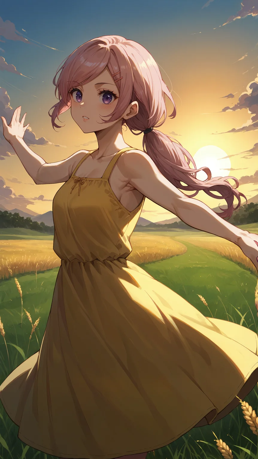 score_9,score_8_up,score_7_up,score_6_up, <lora:xl_more_art-full_v1:0.5>, source_anime, woman, dynamic pose, spread arms <lora:Isabelle - Pony:0.8>, pink hair, curly ponytail, low ponytail, long hair, purple eyes, hairclip, yellow sundress, open field, sunset, wheat field, tall grass,