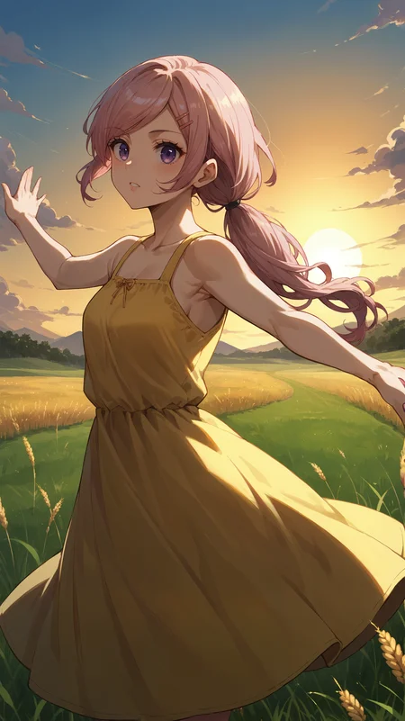 score_9,score_8_up,score_7_up,score_6_up, <lora:xl_more_art-full_v1:0.5>, source_anime, woman, dynamic pose, spread arms <lora:Isabelle - Pony:0.8>, pink hair, curly ponytail, low ponytail, long hair, purple eyes, hairclip, yellow sundress, open field, sunset, wheat field, tall grass,