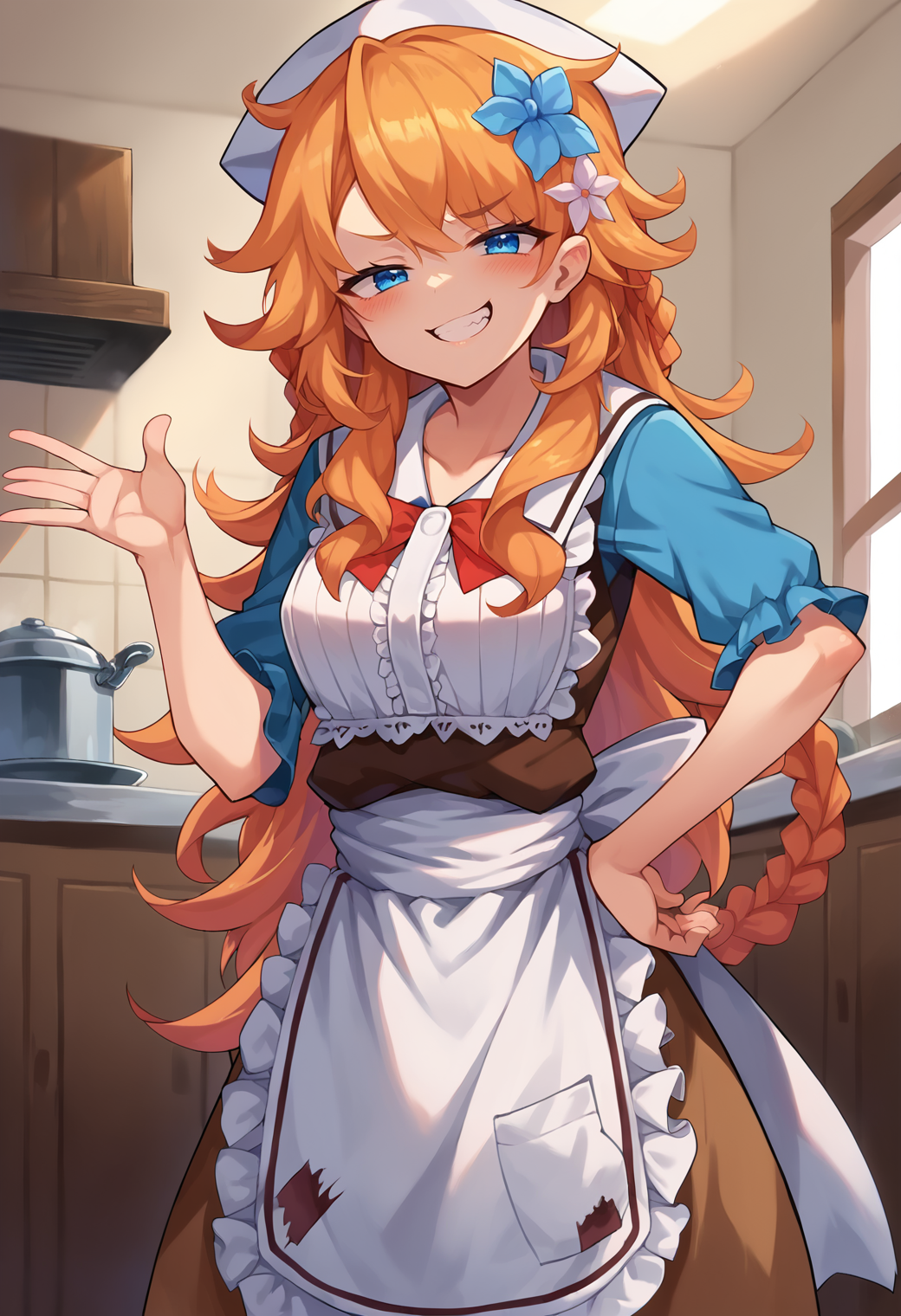 score_9, score_8, score_7_up, hd, (ultra hd quality details), source_anime, indoors,
solo, 1girl, gibarae,
otgbedef, braid, hair flower, white headwear, blue shirt, frilled apron, white apron, brown skirt,
looking at viewer, blush, smug, teeth,
standing, hand on own hip,
<lora:_otogibara_era-elesico-pony:1>
