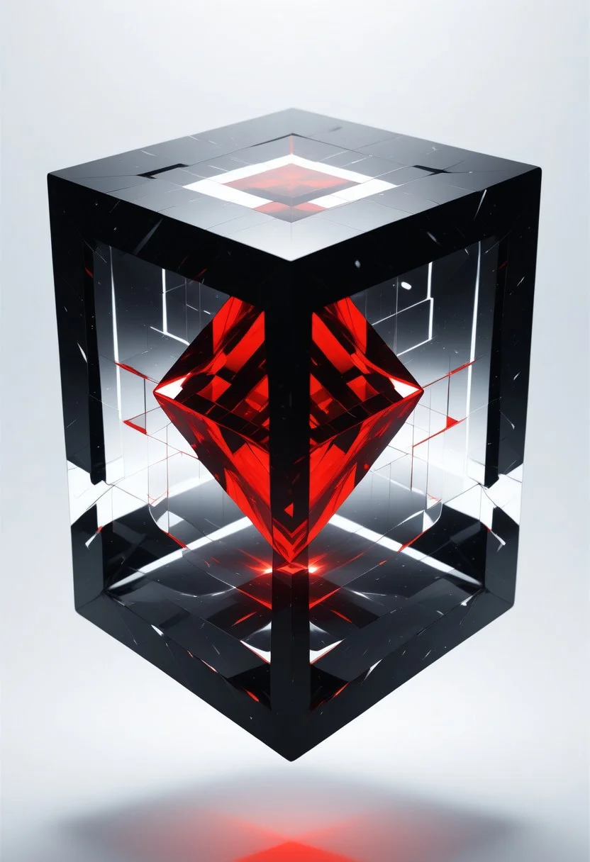 (masterpiece), best quality, Anime, (Floating Cube), White Background, No Humans, Black and Red Theme, (Light Refraction), Symphtia-Style