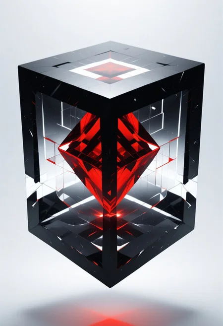 (masterpiece), best quality, Anime, (Floating Cube), White Background, No Humans, Black and Red Theme, (Light Refraction), Symphtia-Style