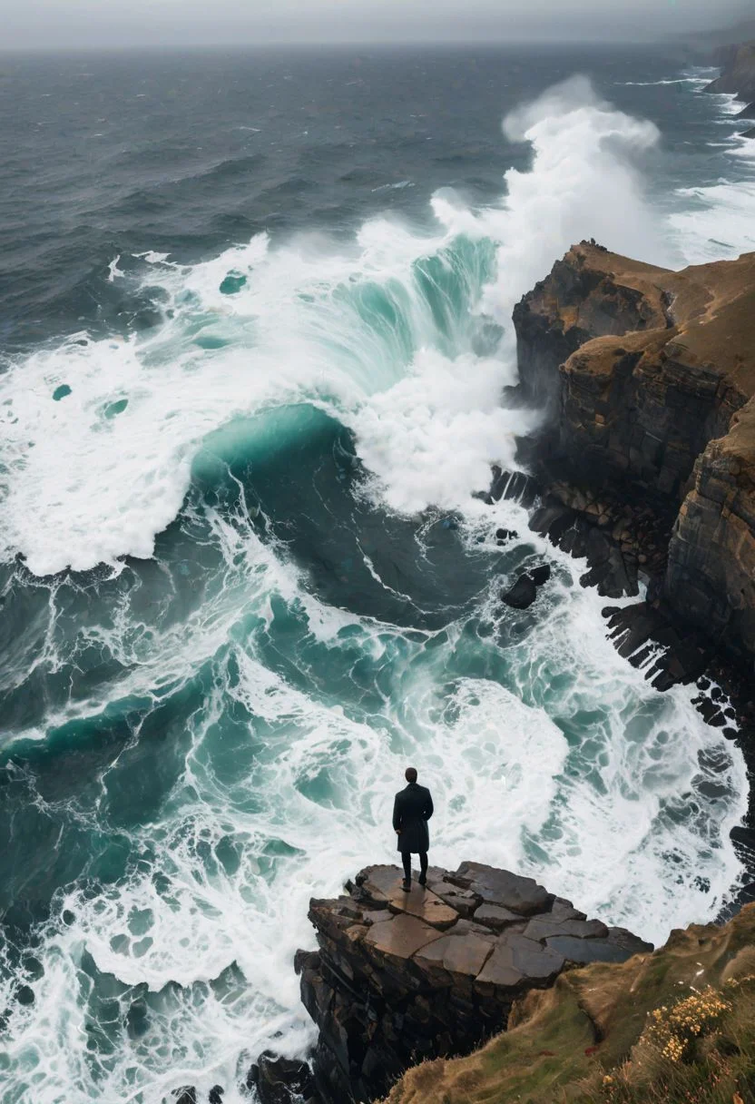 A hauntingly beautiful photograph portrays a solitary figure standing on the edge of a cliff, overlooking a vast expanse of crashing waves and turbulent seas. The figure's posture exudes a sense of vulnerability and strength, reflecting the complex interplay of love and pain in the human experience. The image captures the raw emotion of the moment, inviting viewers to contemplate the beauty and fragility of life's most profound emotions