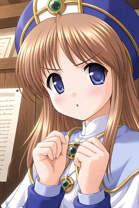 masterpiece, best quality, absurdres, official art, official style, rating general BREAK <lora:sylphycloud_IL_v1-1:0.7>, sylphy cloud, 1girl, solo, blue eyes, brown hair, long hair, bangs, flat chest, hat, blush, :o, upper body, long sleeves, open mouth, clenched hands, looking at viewer, indoors, close-up, parted lips, own hands together, paper, brooch, hands up, gem, blue headwear, white capelet, blue dress, priest, turtleneck, robe, layered capelet, light purple capelet, v-shaped eyebrows, pout