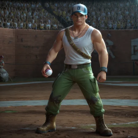 zpdxl3, score_7_up, score_8_up, detailed, high quality, full body,
BREAK,
Voldon, muscular male, baseball cap, crossbody bag, dog tags, white tank top, (short), green pants, boots, holding pokeball, heroic pose, battlefield, detailed background,